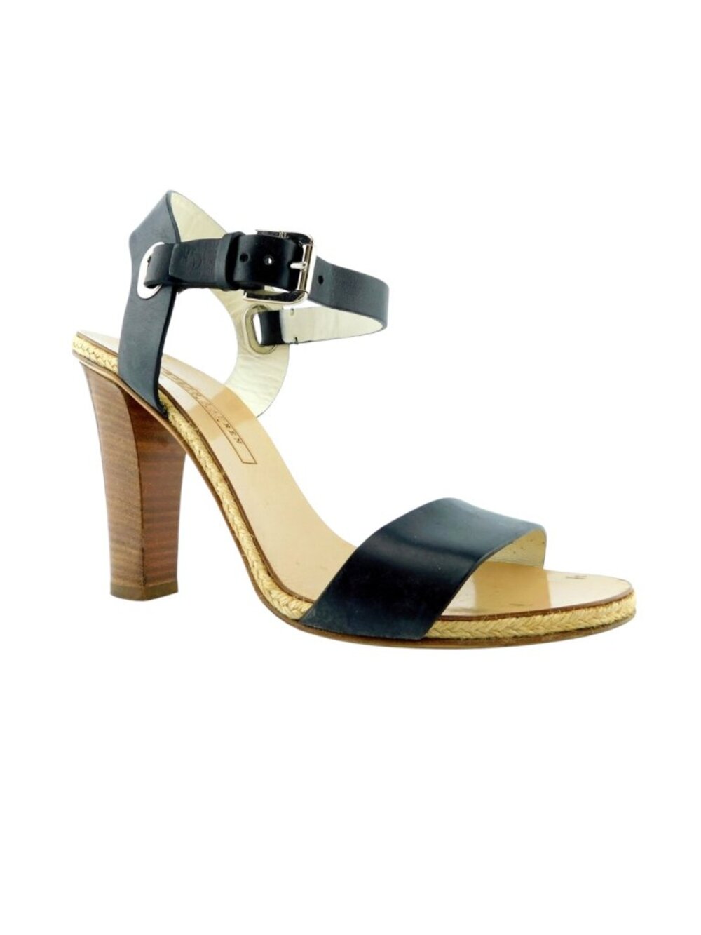 RALPH LAUREN Collection Black Leather Ankle Strap Jute Detail Heel Sandals 7